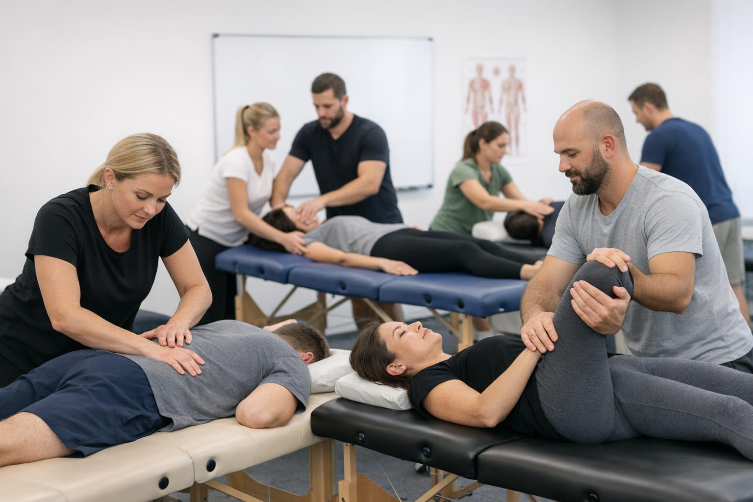 zdjęcie: grupa uczestników kursu wykonująca ćwiczenia terapeutyczne na modelach