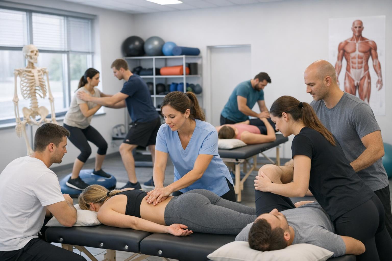 Zdjęcie sali szkoleniowej fizjoterapeutycznej z ćwiczeniami praktycznymi